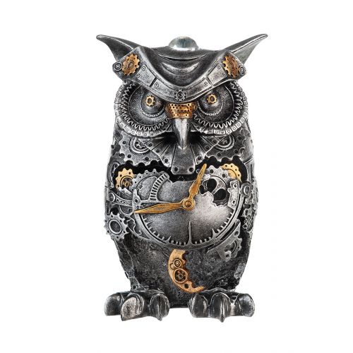 Steampunk owl statue, silver resin. Height 8'2 inches (21 centimeters)