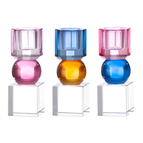 Lot de 3 chandeliers ou bougeoirs en verre multicolore pour décoration, hauteur 11 centimètres