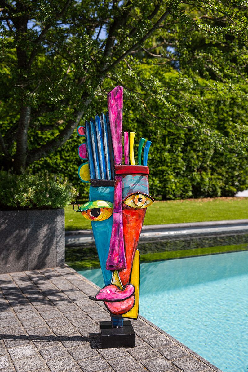 Abstract face, in multicolored metal, height 100 centimeters