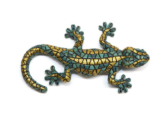 Sculpture salamandre bleu et dorée, mosaïque Barcino, longueur 15 centimètres