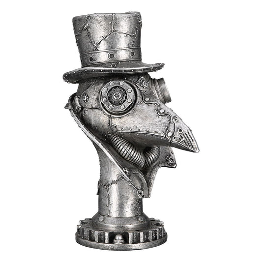 Silver resin Steampunk raven statue.  Height 9 inches (23 centimeters)