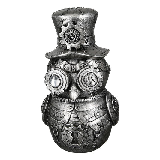 Steampunk owl statue, silver resin. Height 9 inches (23 centimeters)