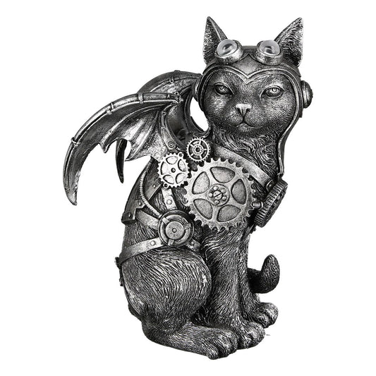 Steampunk cat statue, silver resin. Height 9'4 inches (24 centimeters)