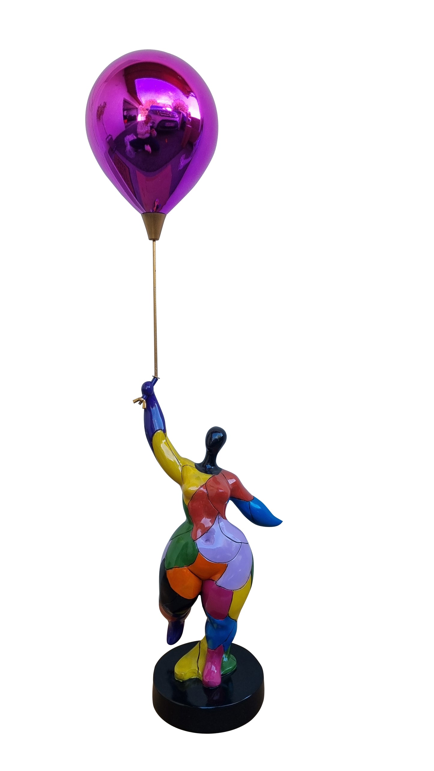 Round, multi-colored statue of a woman with a ball, Nana style, made of resin. Total height 76 centimeters