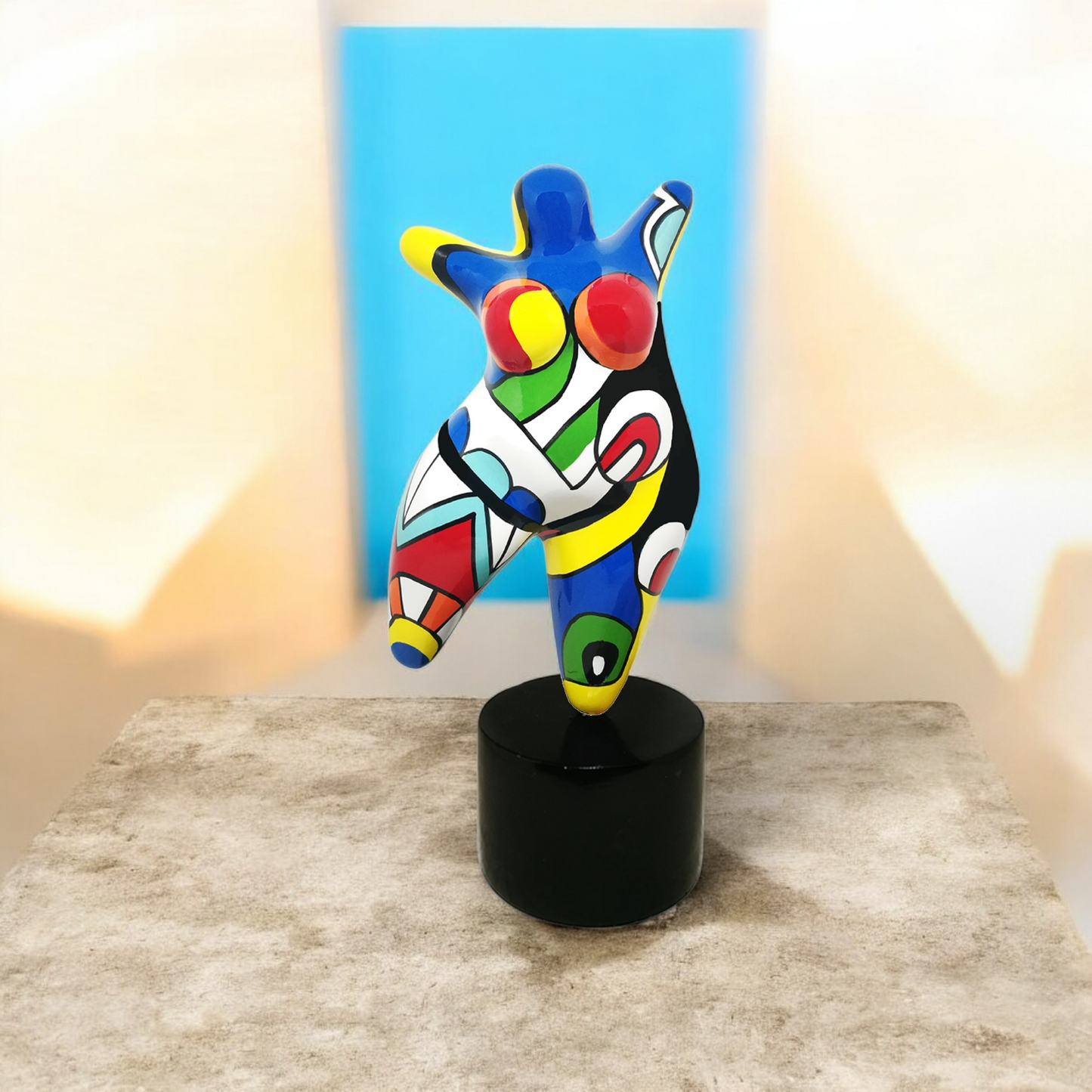 Big Dancer statue 60 cm, curvy woman with multicolor patterns. Hand-painted resin sculpture, decoration Laure Terrier