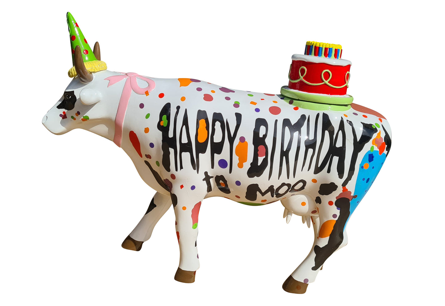 Cow Parade "Happy Birthday" cow statue, length 30.5 centimeters