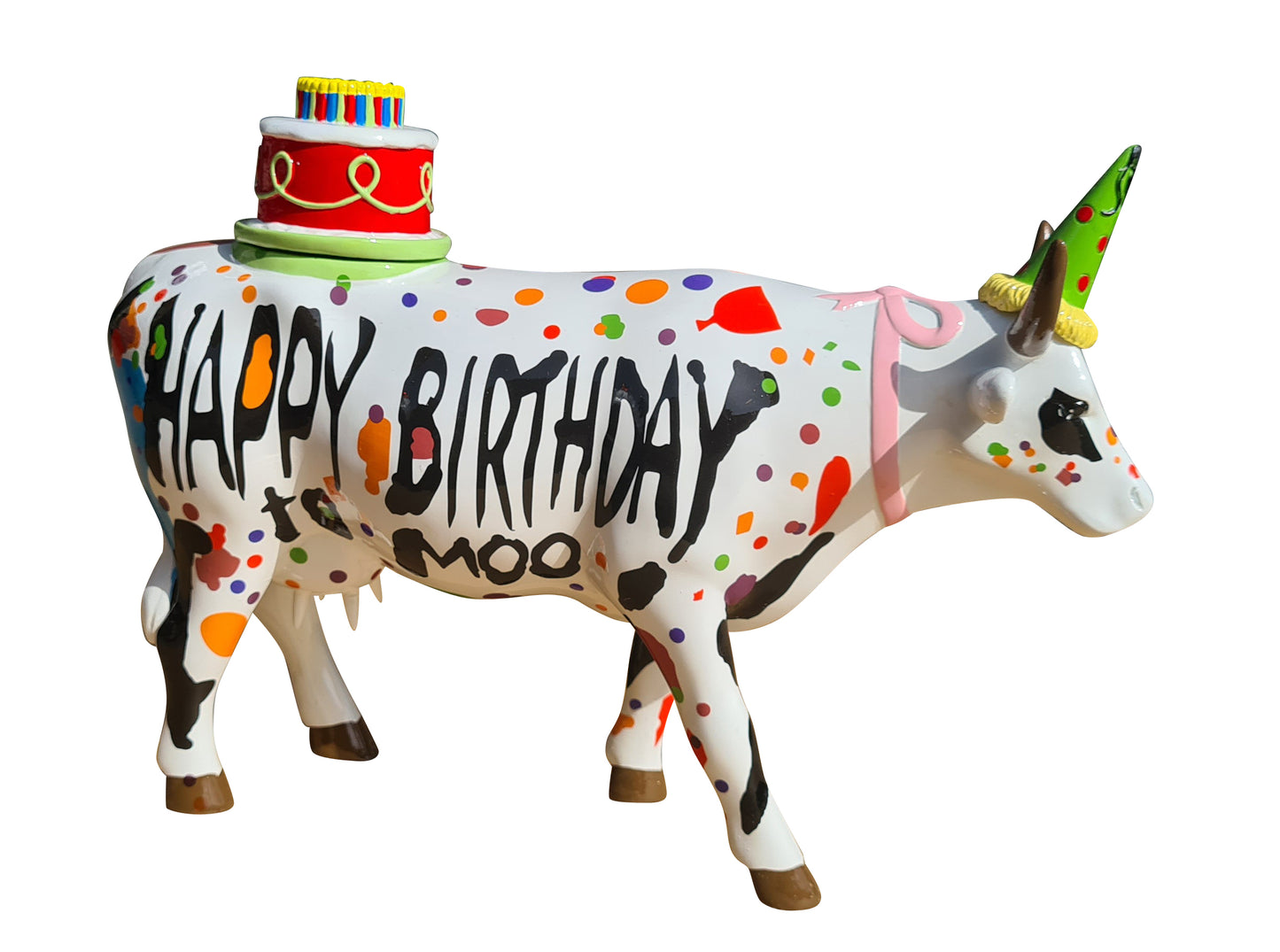 Cow Parade "Happy Birthday" cow statue, length 30.5 centimeters