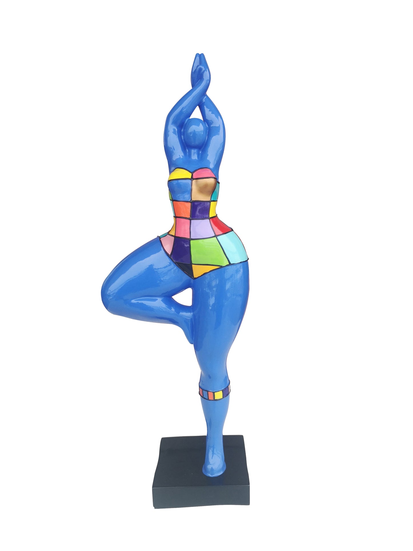 Statue femme ronde Nana modèle "Azzura" bleu à carreaux, hauteur 52 centimètres