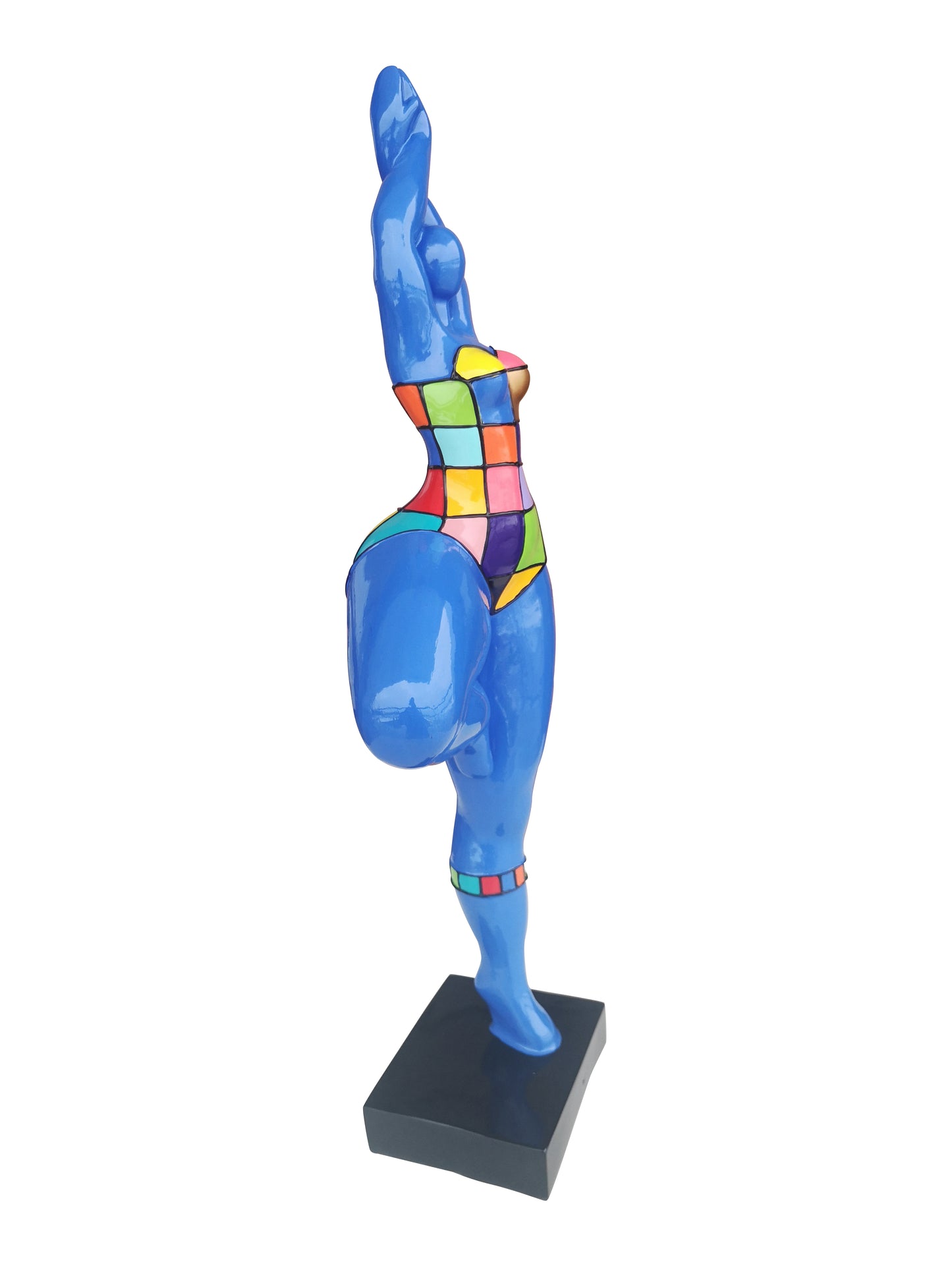 Statue femme ronde Nana modèle "Azzura" bleu à carreaux, hauteur 52 centimètres