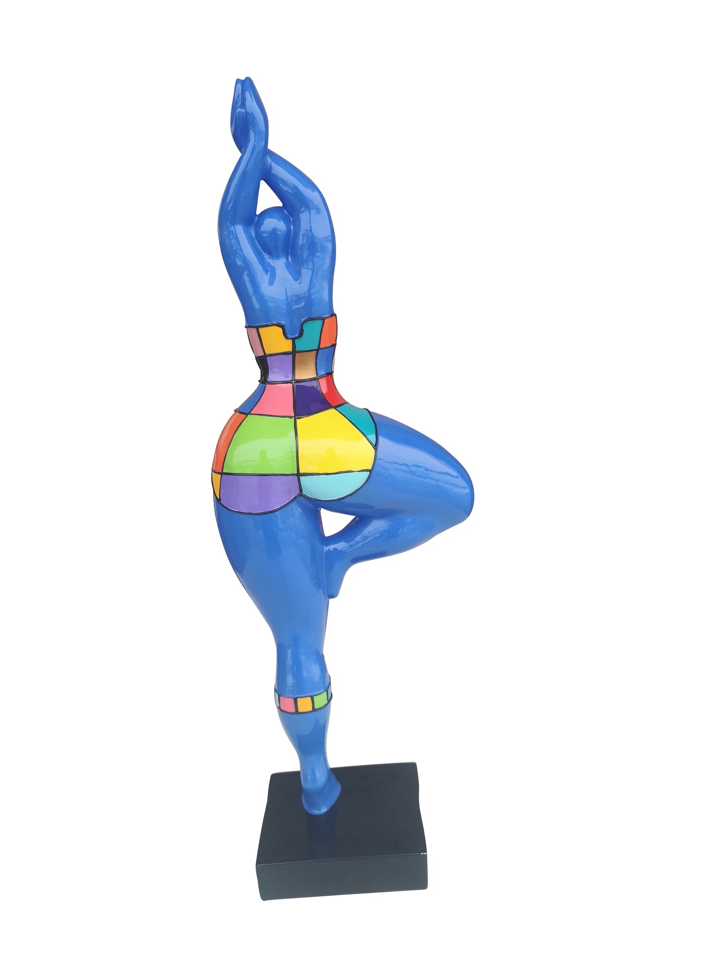 Statue femme ronde Nana modèle "Azzura" bleu à carreaux, hauteur 52 centimètres