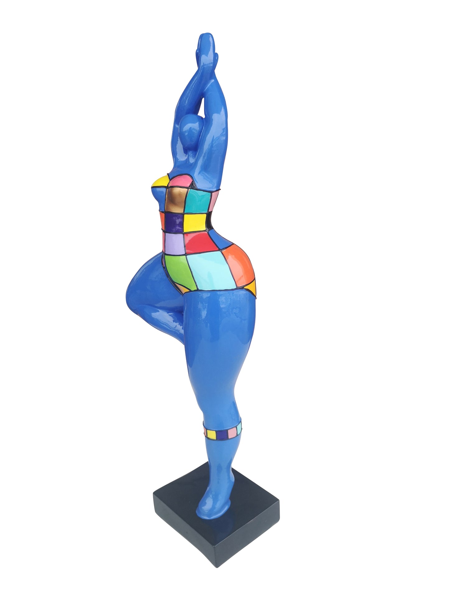 Statue femme ronde Nana modèle "Azzura" bleu à carreaux, hauteur 52 centimètres