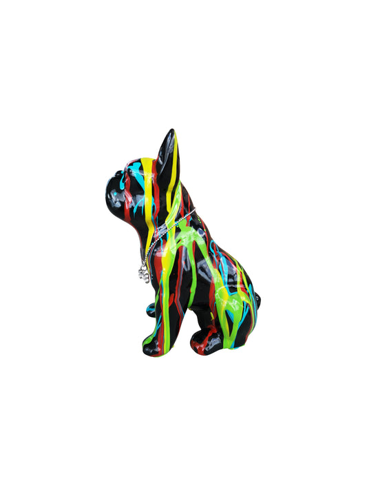 Tirelire chien Bouledogue Français, céramique noire et coulures de peinture. Hauteur 17 centimètres