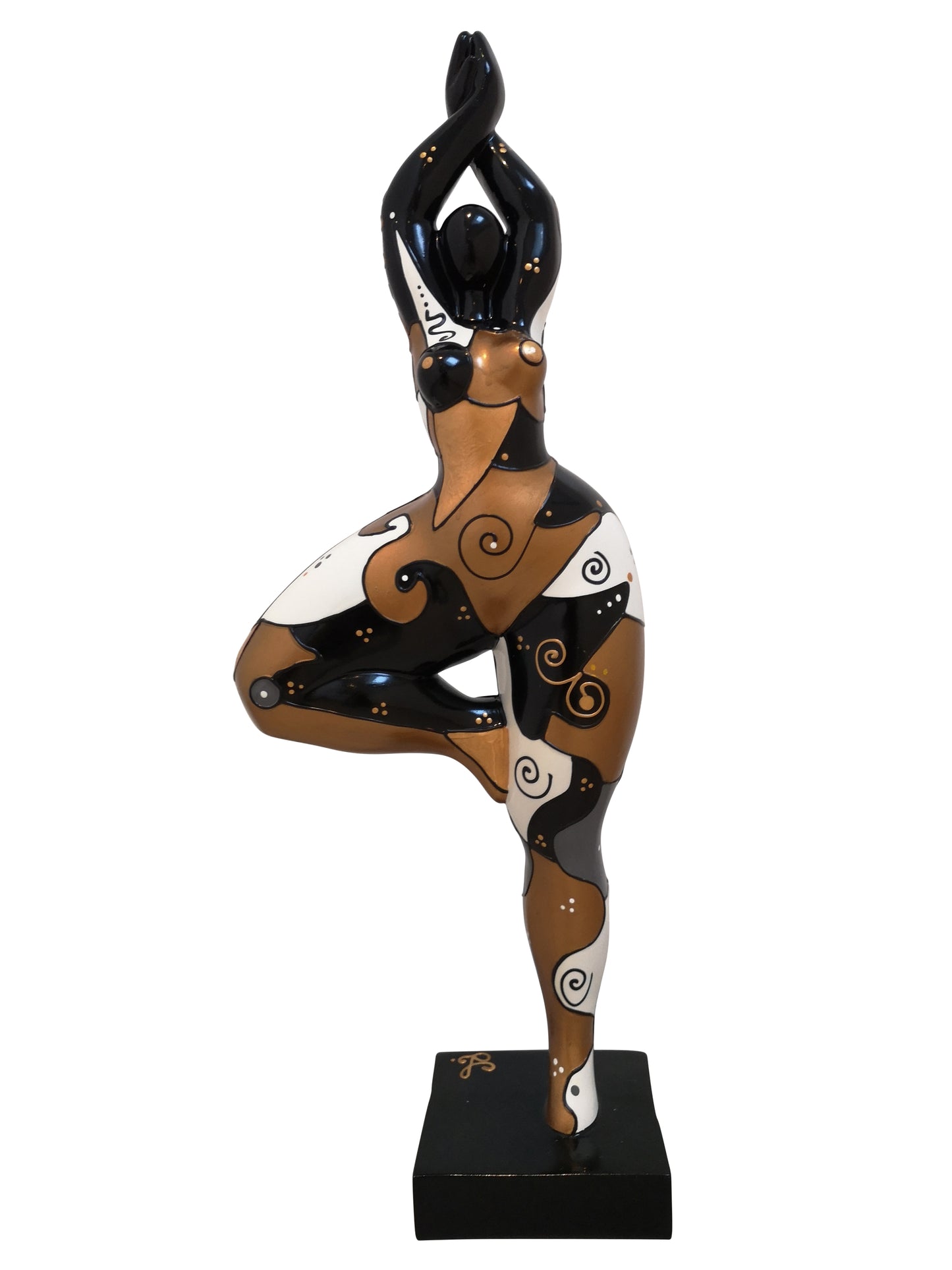 Statuette de femme noir blanche et dorée. Nana ronde en résine, modèle Jaya hauteur 52 cm