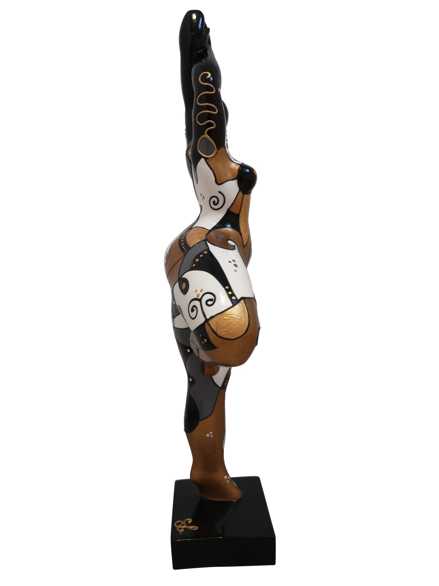 Statuette de femme noir blanche et dorée. Nana ronde en résine, modèle Jaya hauteur 52 cm