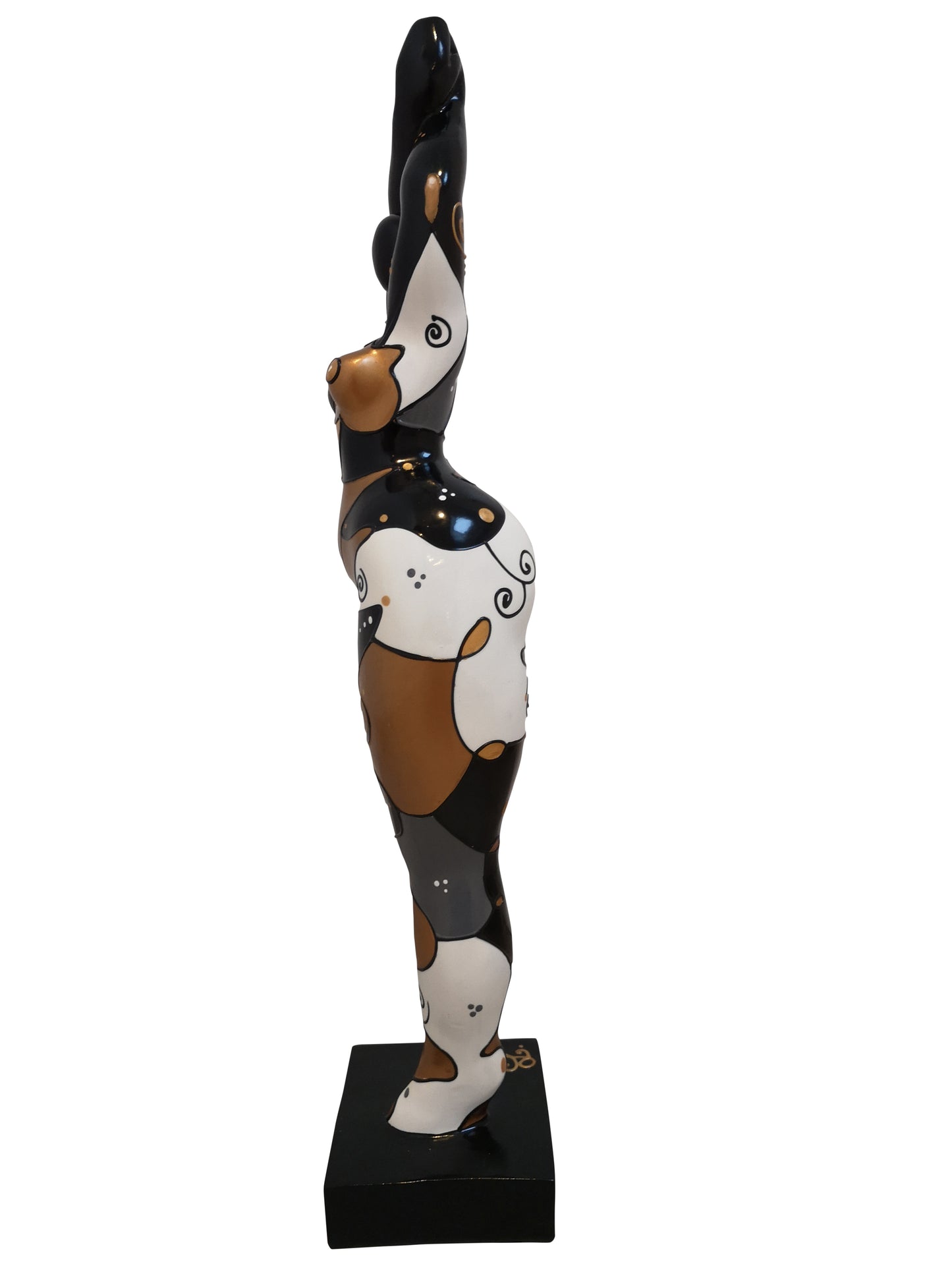 Statuette de femme noir blanche et dorée. Nana ronde en résine, modèle Jaya hauteur 52 cm