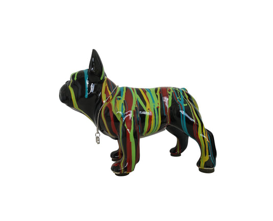 Tirelire chien Bouledogue Français, céramique noire et coulures de peinture. Longueur 17 centimètres