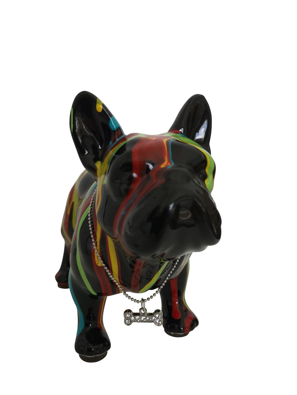 French Bulldog dog piggy bank, black ceramic with paint drips. Length 17 centimeters