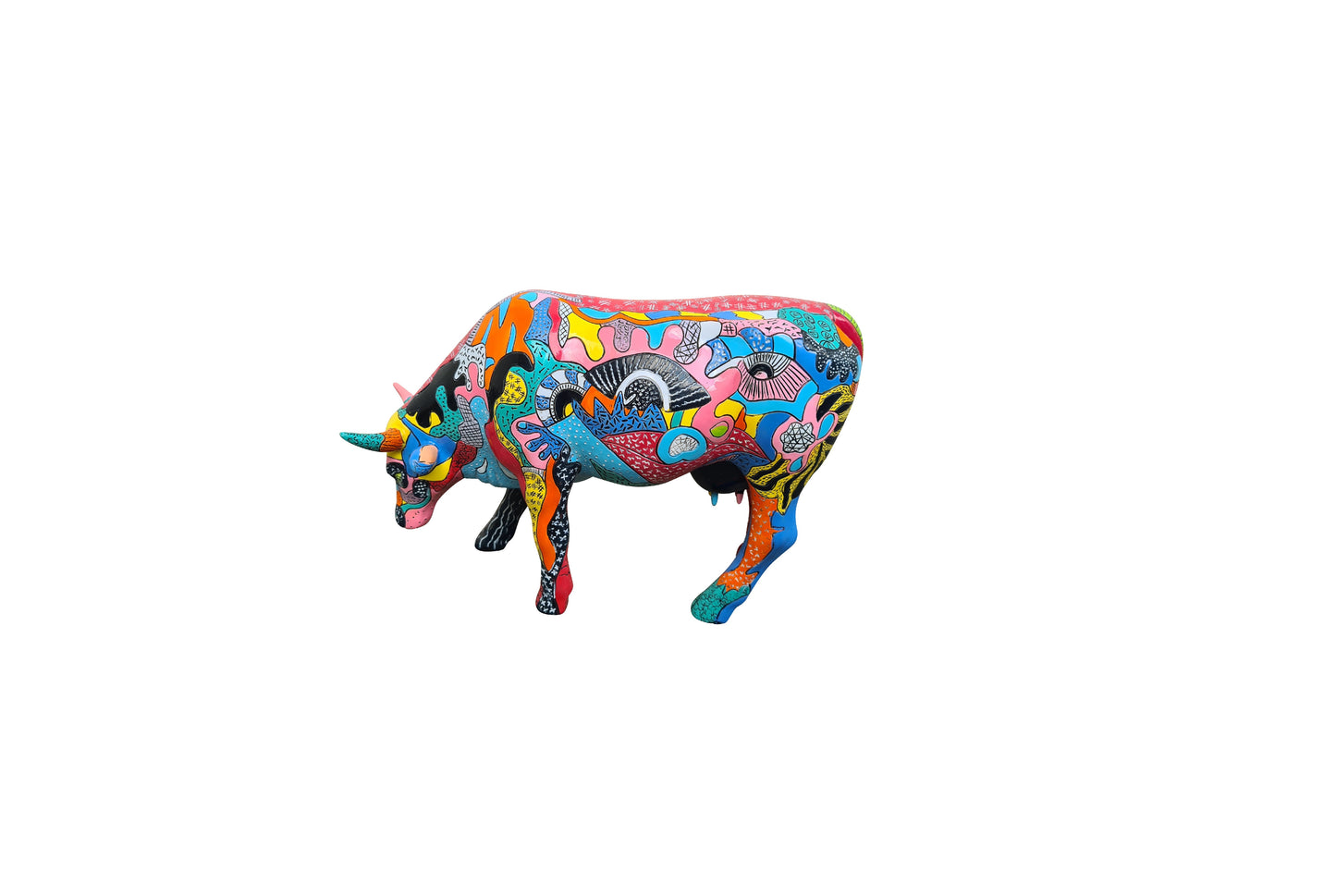 Cow Parade "Partying" cow statue, length 12 inches (30.5 centimeters)