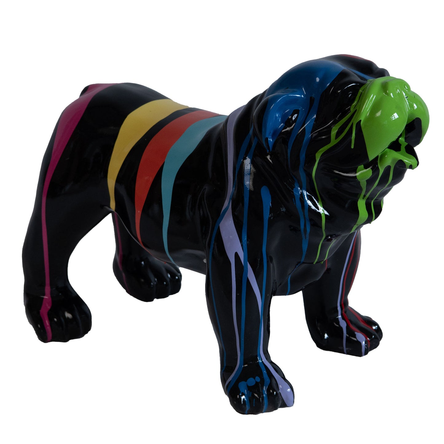 Grande statue chien Bouledogue Anglais en résine noire et multicolore. Longueur 58 centimètres