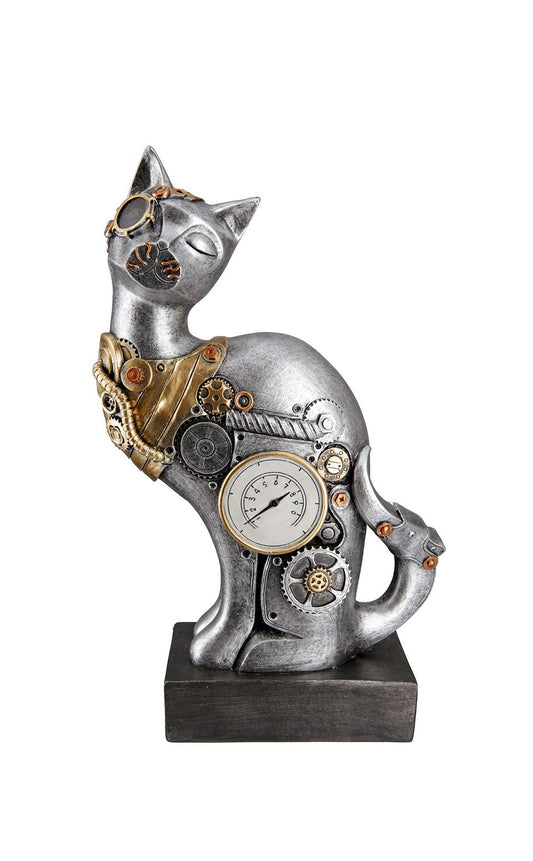 Steampunk cat statue with clock, silver resin. Height 11'8 inches (30 cm)
