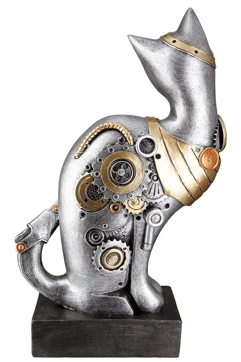 Sculpture chat Steampunk, résine argentée avec horloge. Hauteur 30 centimètres