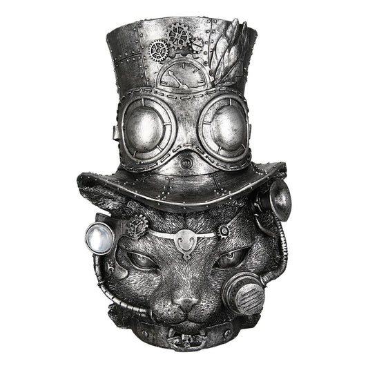 Steampunk cat head sculpture, silver resin with hat. Height 8'6 inches (22 cm)