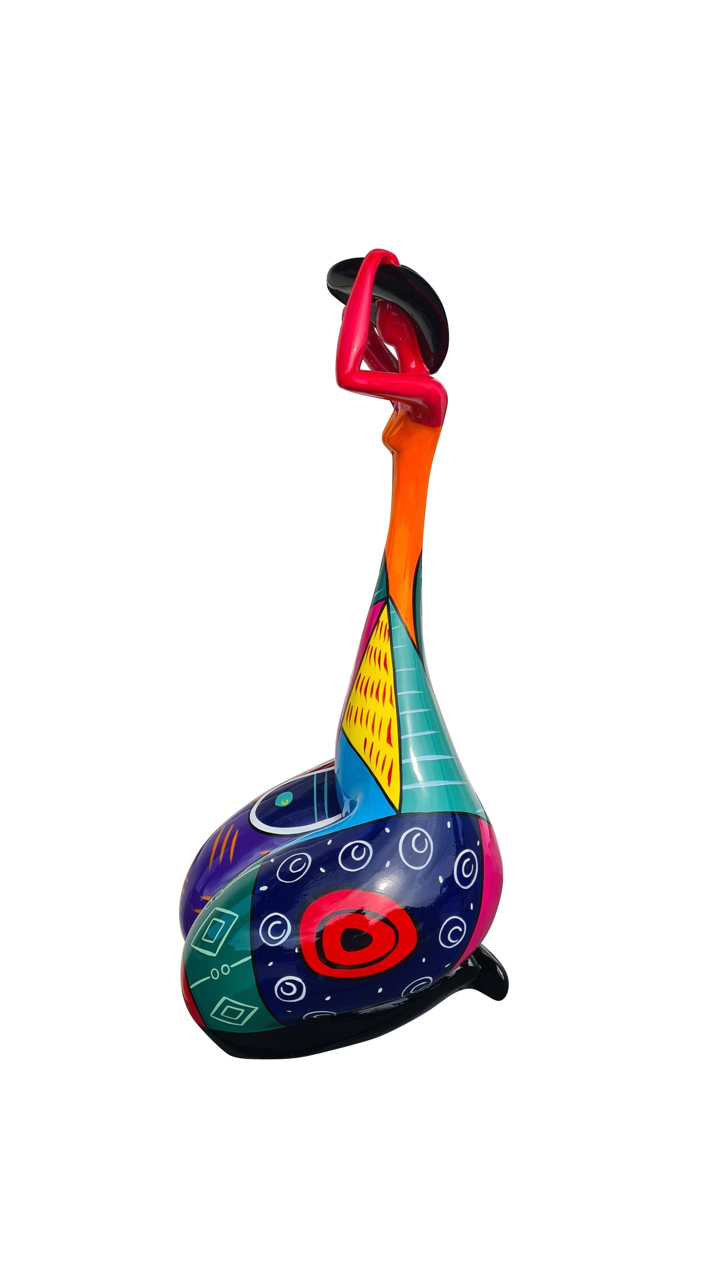 Sculpture femme avec chapeau style Nana, en résine multicolore. Hauteur 91 centimètres