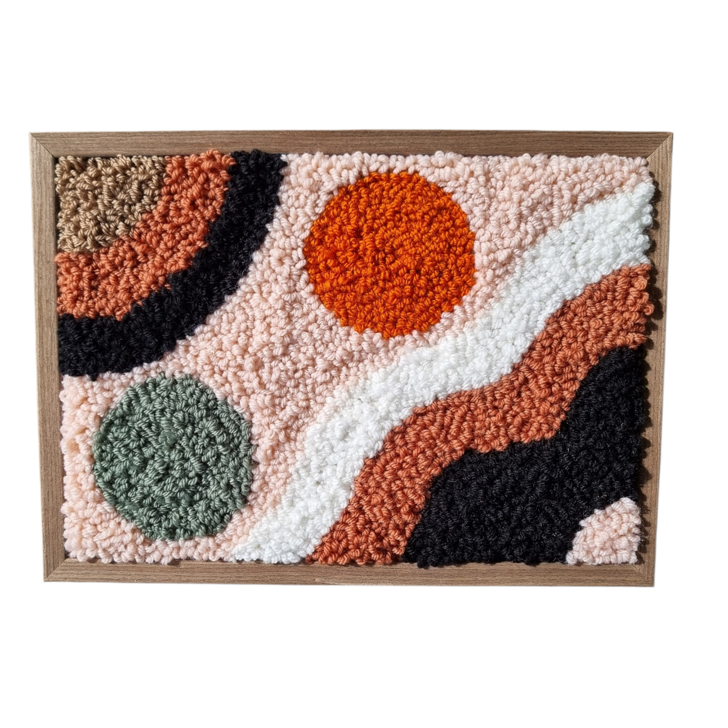 Wall hanging made with punch needle or tufting wool, warm tones of beige, brown, and orange. One-of-a-kind piece, 23 × 31 cm