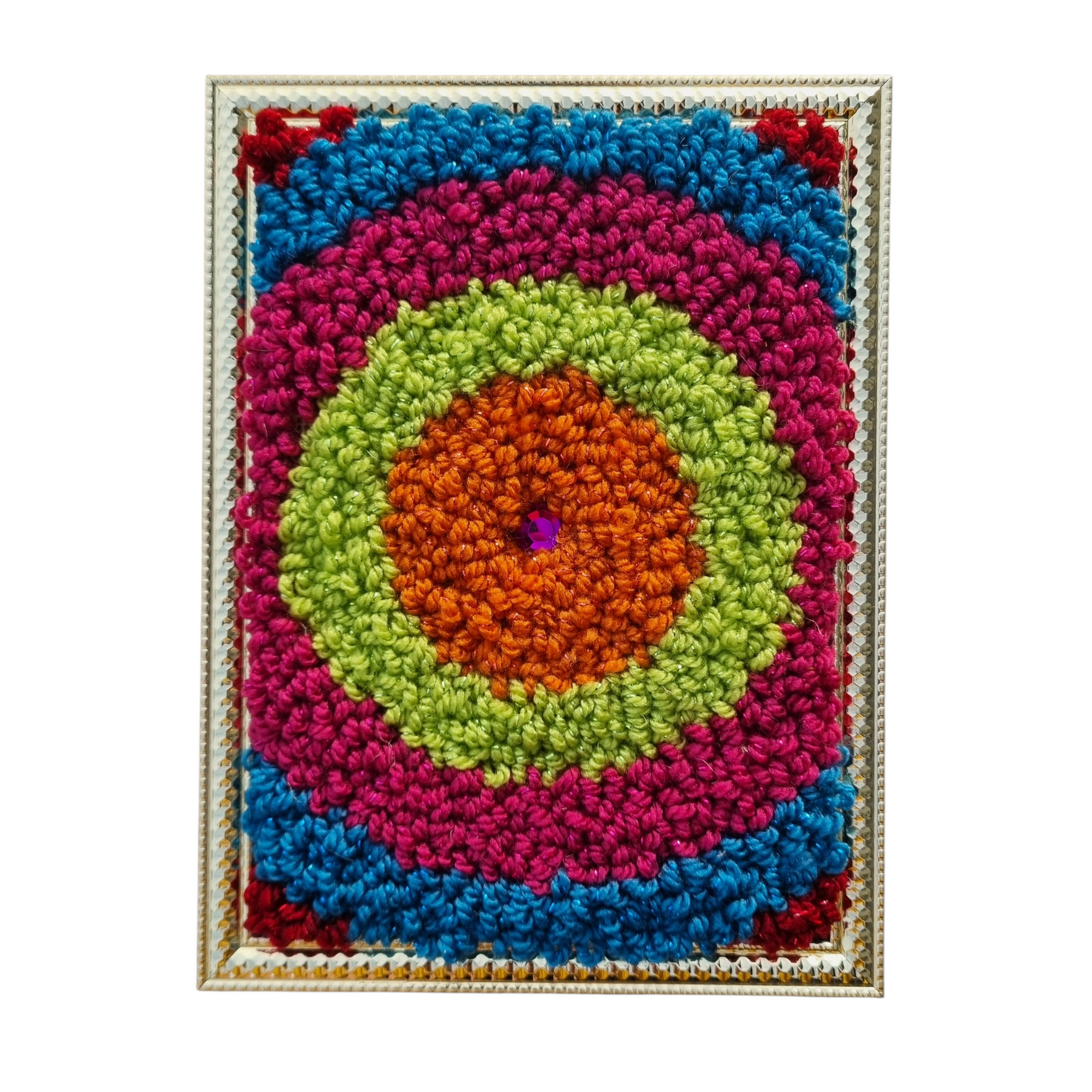 Wall hanging made with punch needle or tufting wool, warm tones of beige, brown, and orange. One-of-a-kind piece, 15 × 20 cm