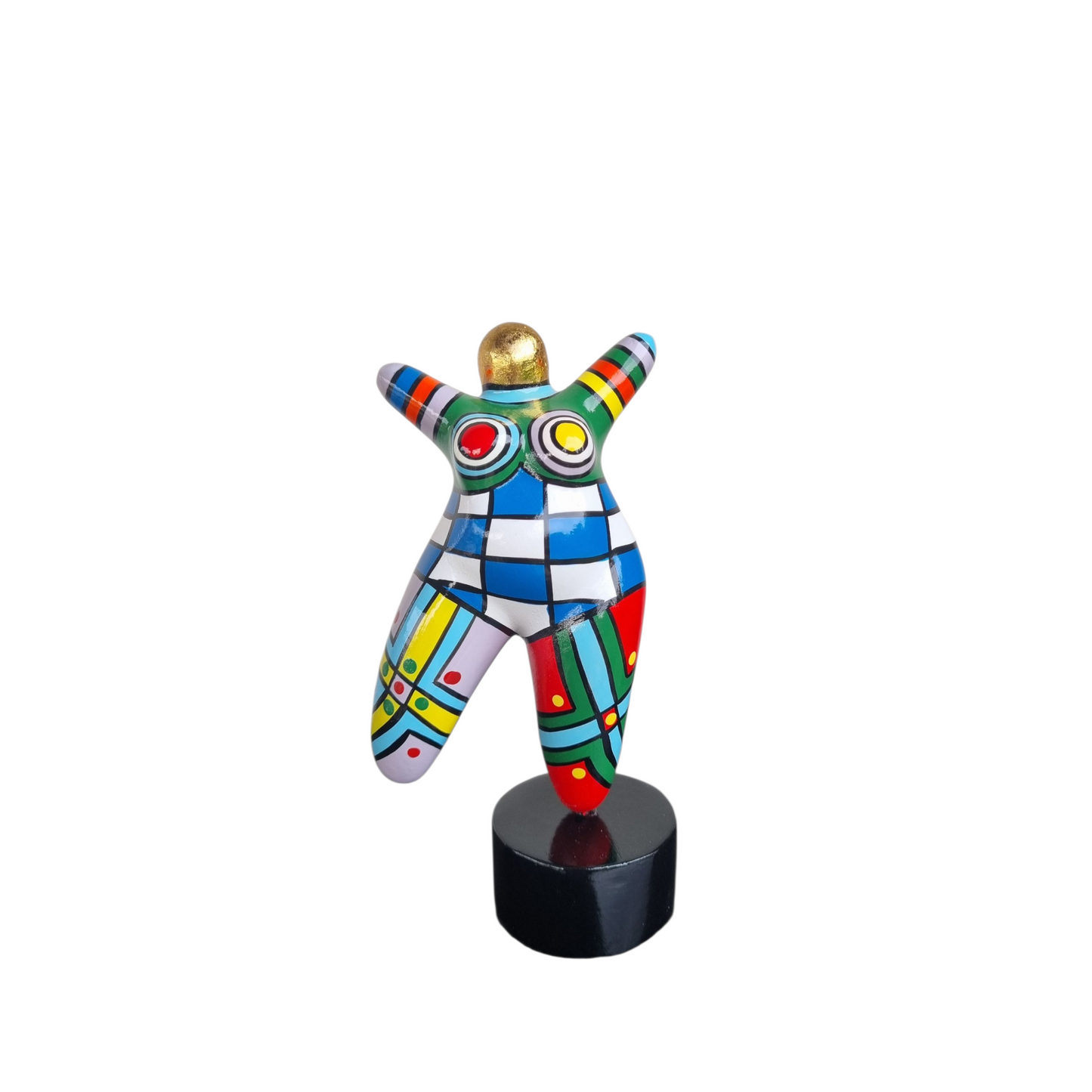Statue de femme danseuse ronde, style contemporain, résine multicolore. Hauteur 17 centimètres