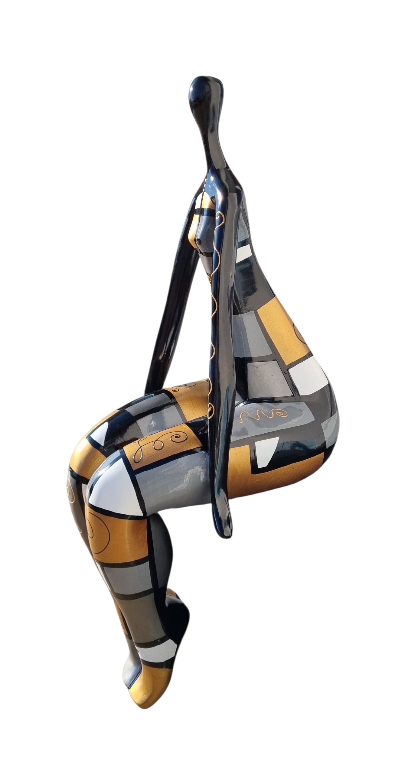 Sculpture femme assise, à poser sur une étagère, en résine. Modèle noir, blanc, doré, argenté. Hauteur 74 centimètres