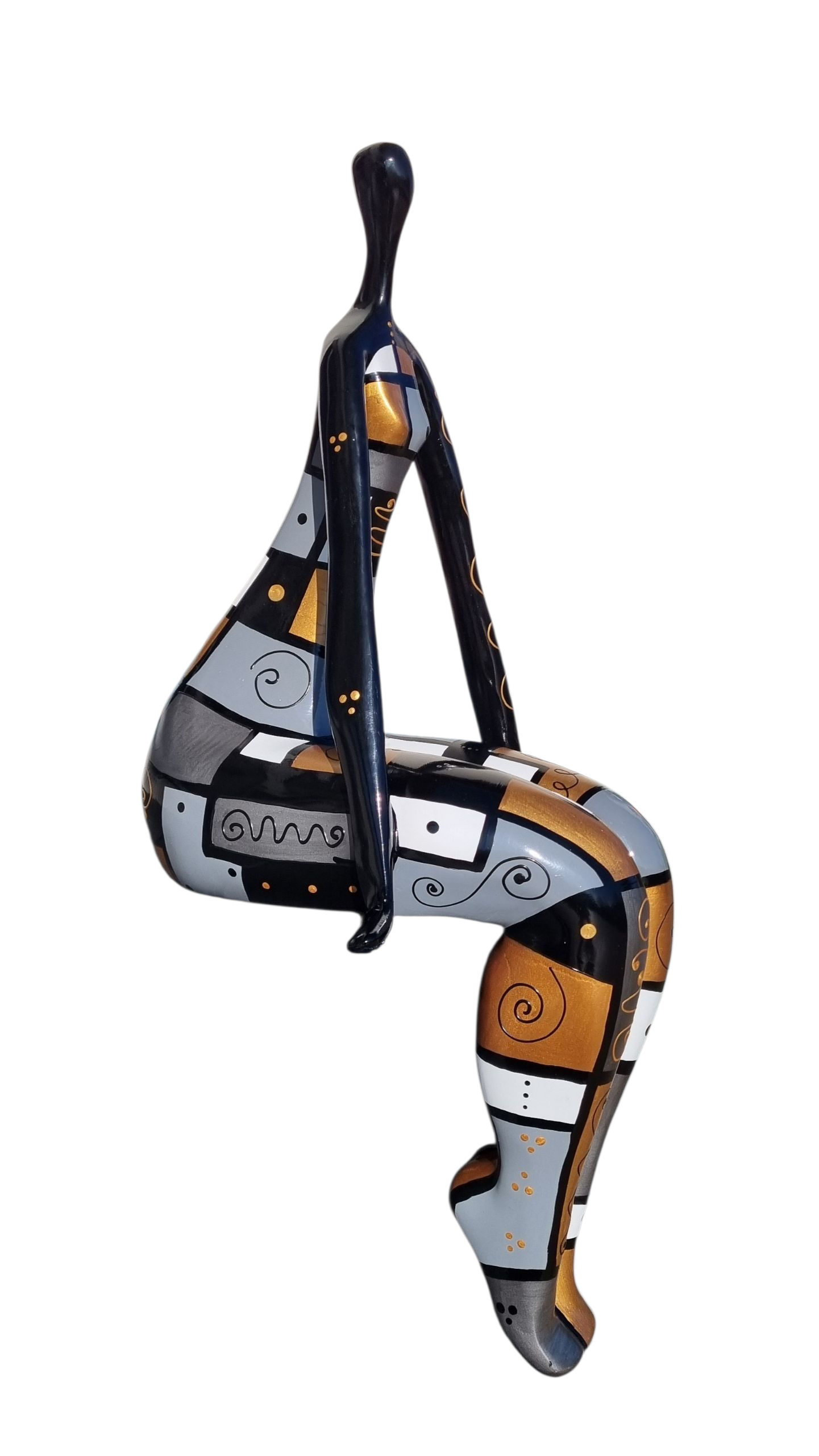 Sculpture femme assise, à poser sur une étagère, en résine. Modèle noir, blanc, doré, argenté. Hauteur 74 centimètres