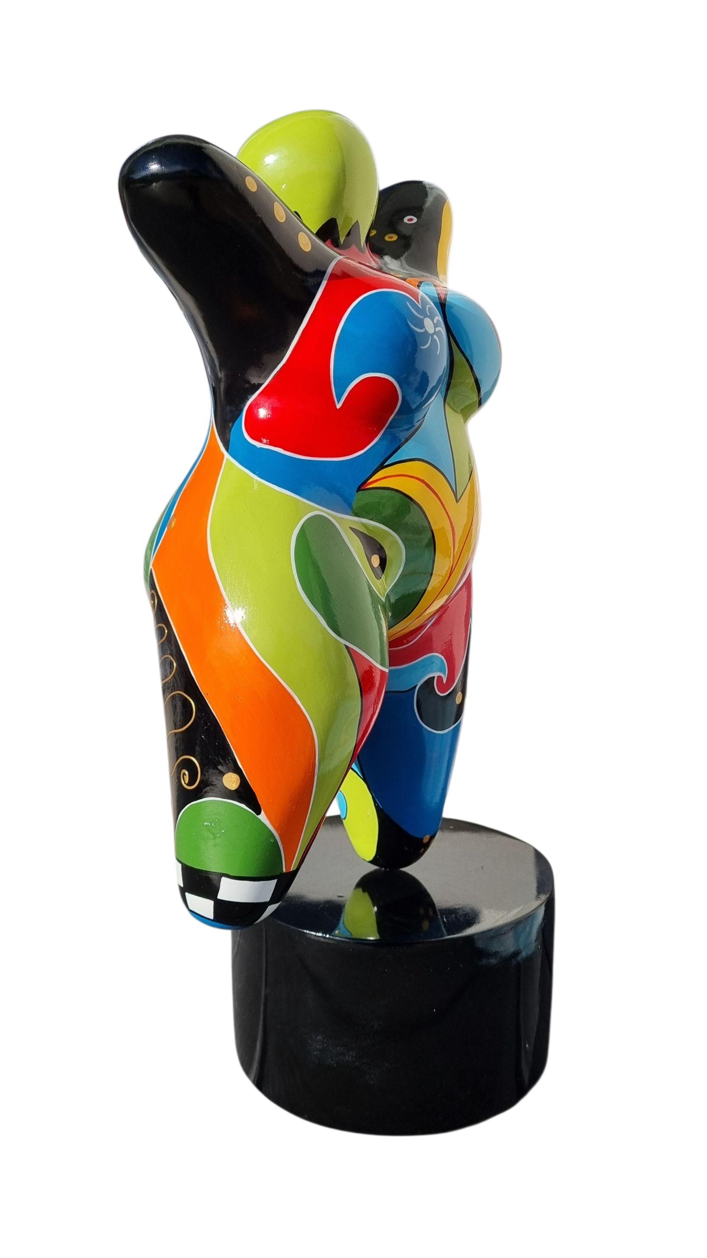 Grande statue femme danseuse ronde, en résine multicolore. Hauteur 60 centimètres