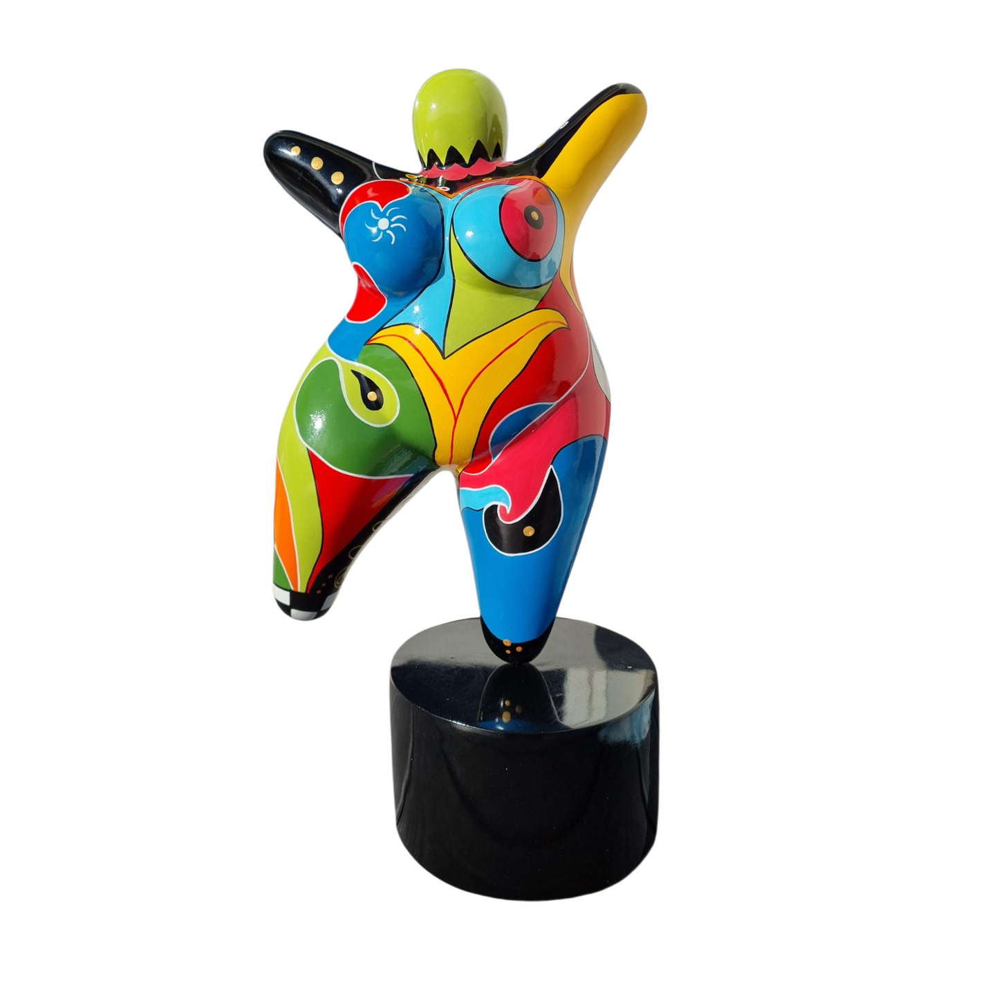 Grande statue femme danseuse ronde, en résine multicolore. Hauteur 60 centimètres