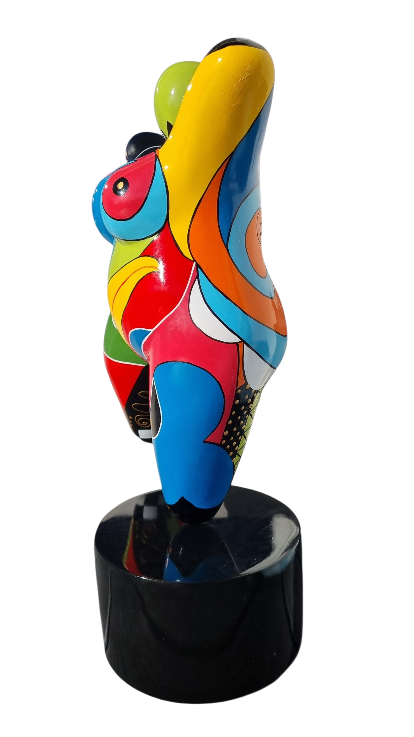 Grande statue femme danseuse ronde, en résine multicolore. Hauteur 60 centimètres