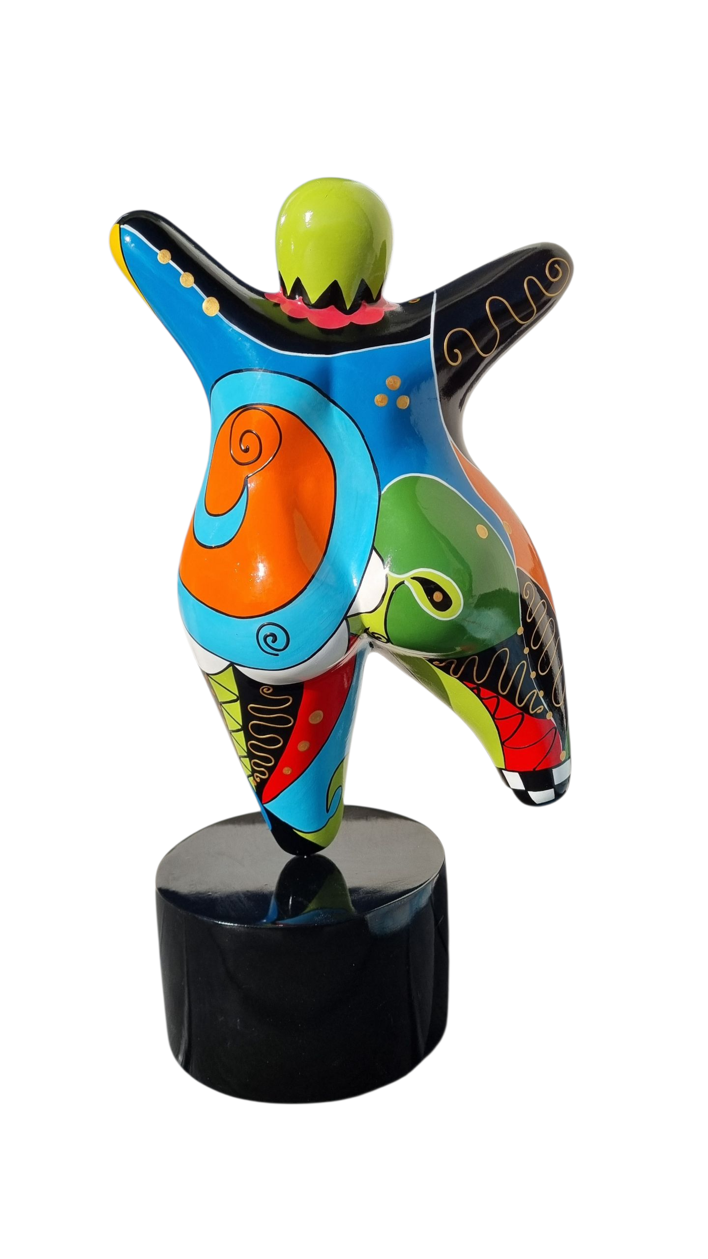 Grande statue femme danseuse ronde, en résine multicolore. Hauteur 60 centimètres