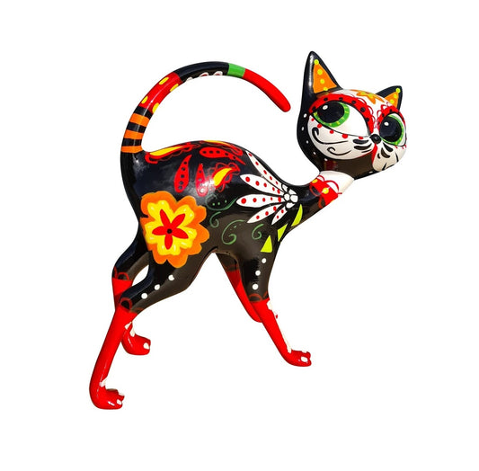 Multicolored resin Mexican cat statue. Length 9'7 inches (24 centimeters)