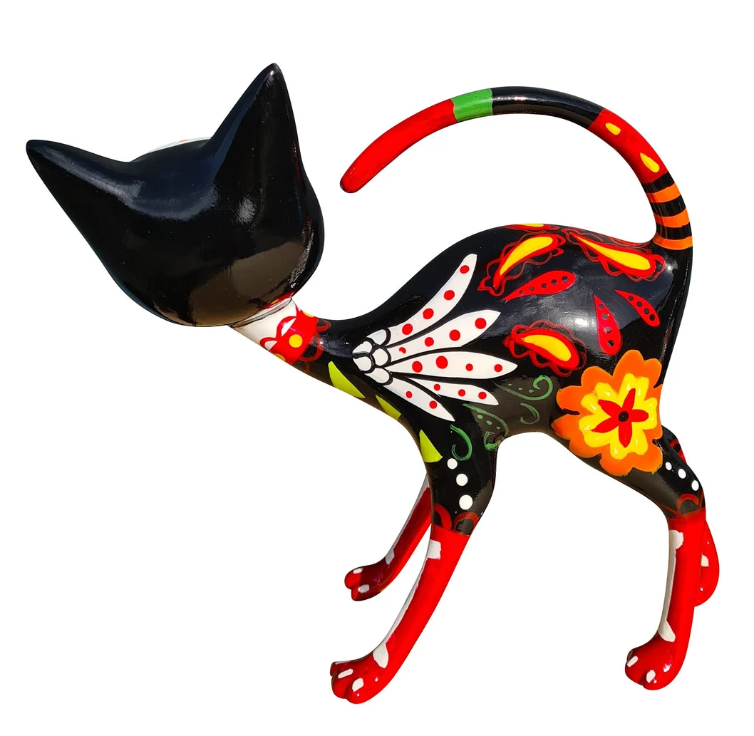 Multicolored resin Mexican cat statue. Length 5'5 inches (14 centimeters)