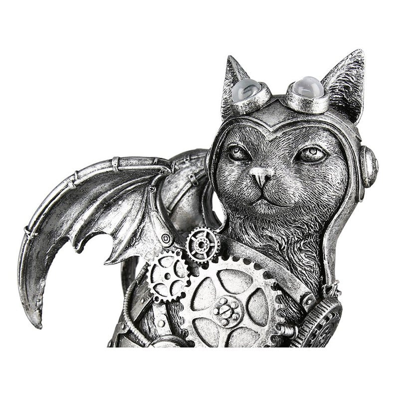 Statue chat Steampunk, résine argentée. Hauteur 24 centimètres