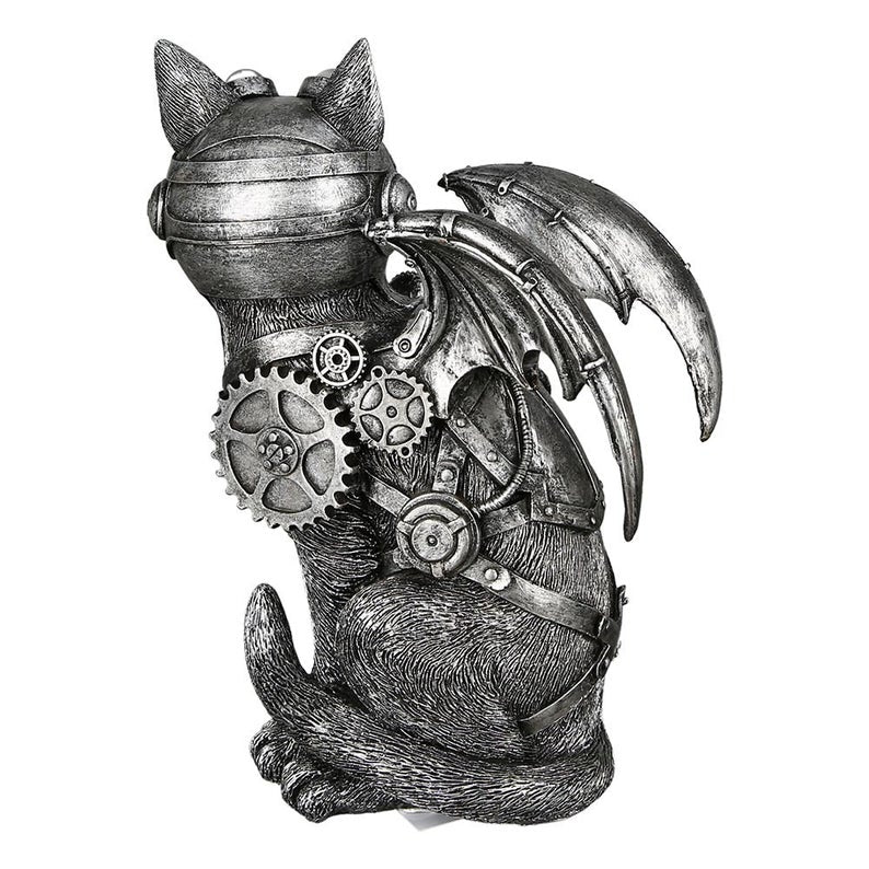 Statue chat Steampunk, résine argentée. Hauteur 24 centimètres