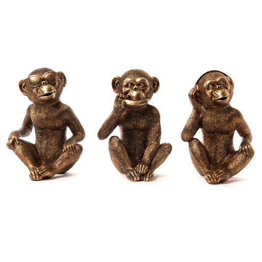 Lot 3 statuettes de singes Sagesse, hauteur 22 centimètres. En résine dorée