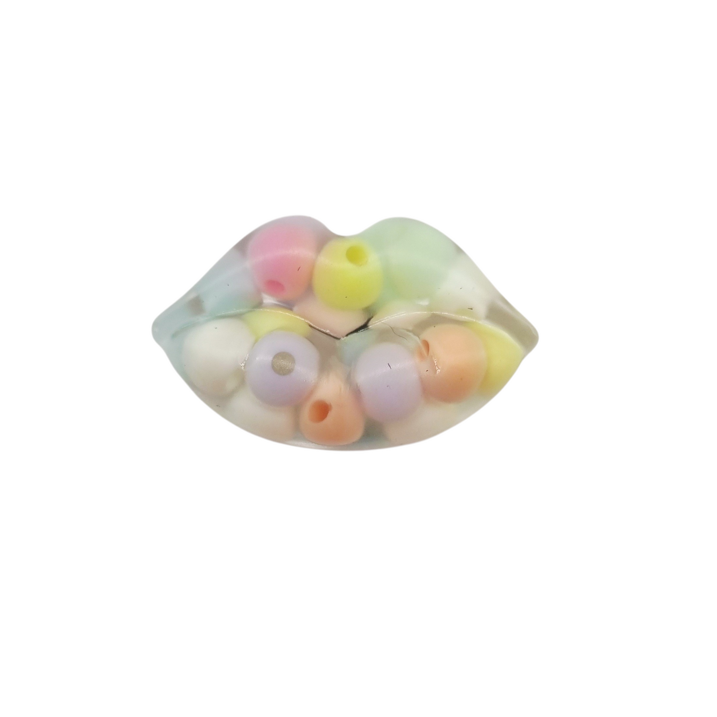 Petit magnet bouche en résine, transparent avec perles pastels, longueur 3,5 cm
