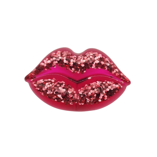 Petit magnet bouche en résine, rose fuchsia avec paillettes, longueur 3,5 cm