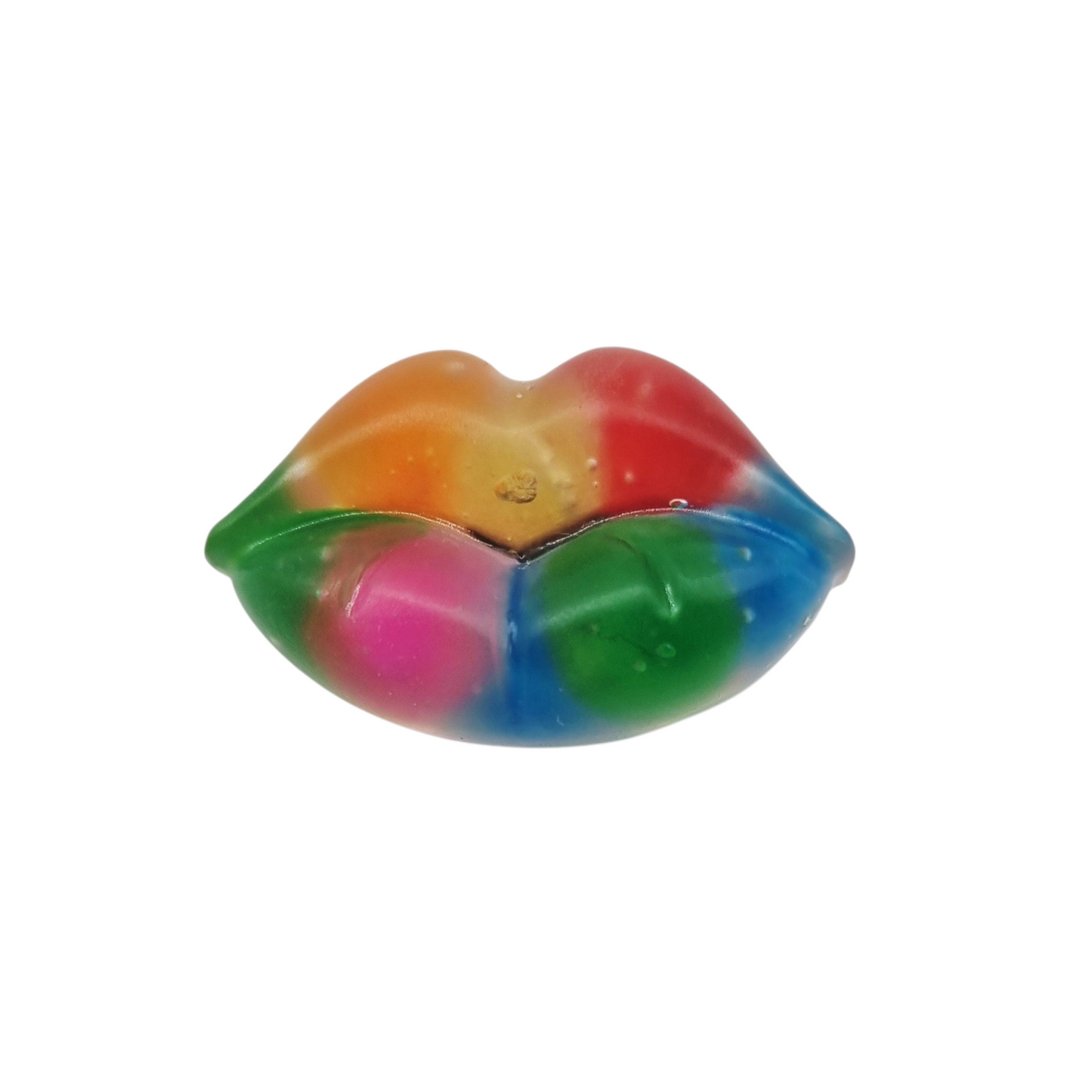 Petit magnet bouche en résine, avec pompons multicolores, longueur 3,5 cm