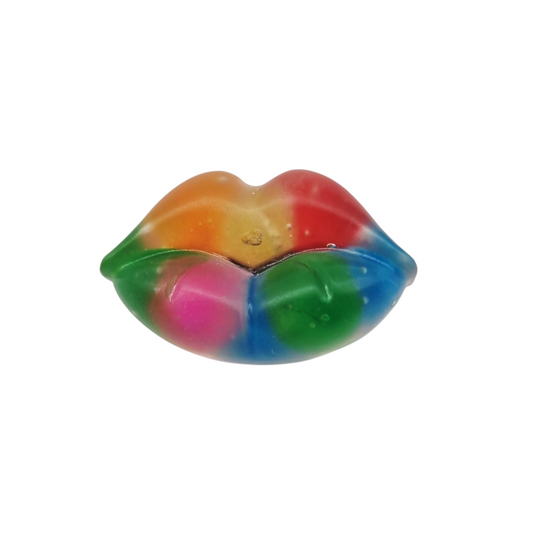 Petit magnet bouche en résine, avec pompons multicolores, longueur 3,5 cm