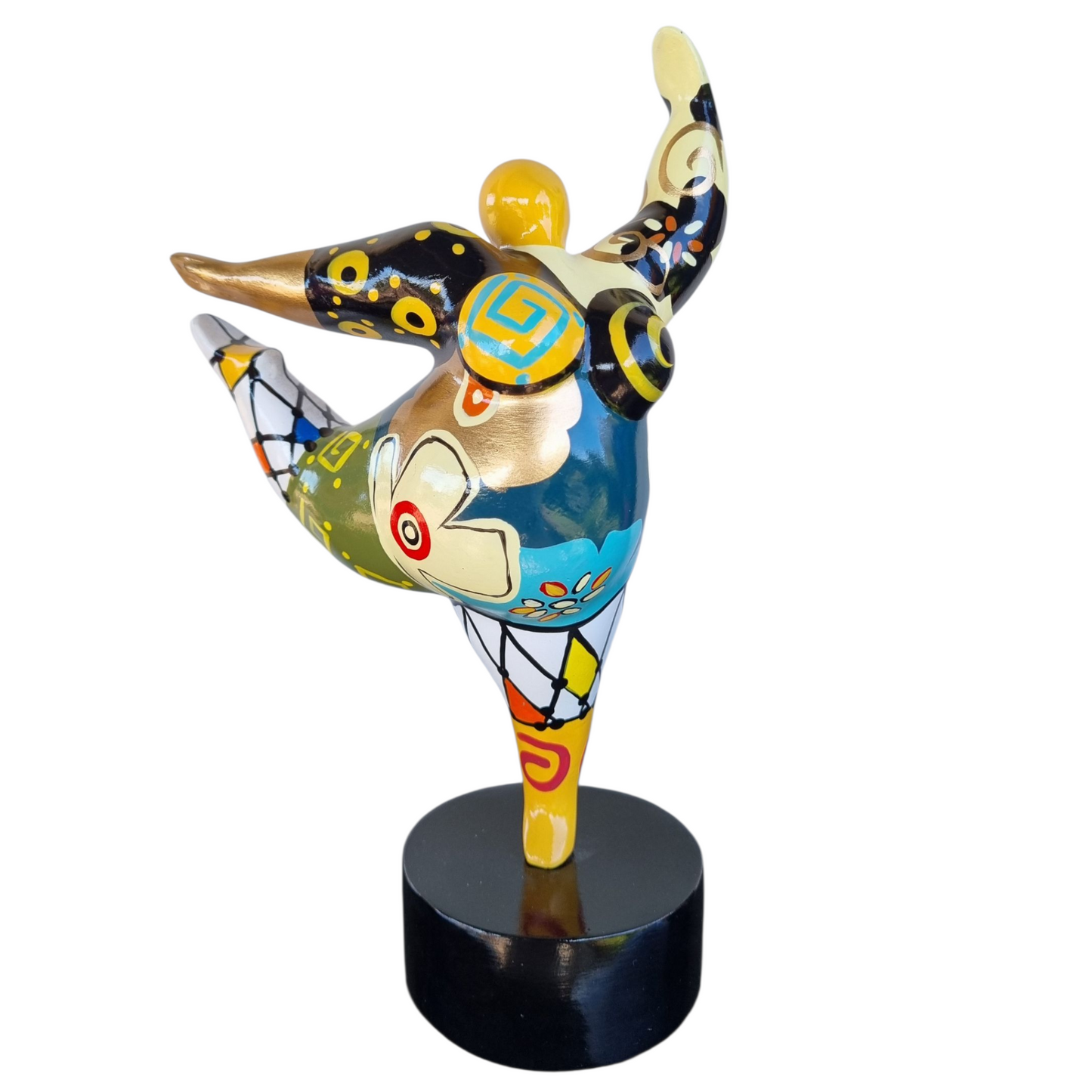 Statue de femme danseuse ronde style Nana, en résine dorée et multicolore. Hauteur 28 centimètres