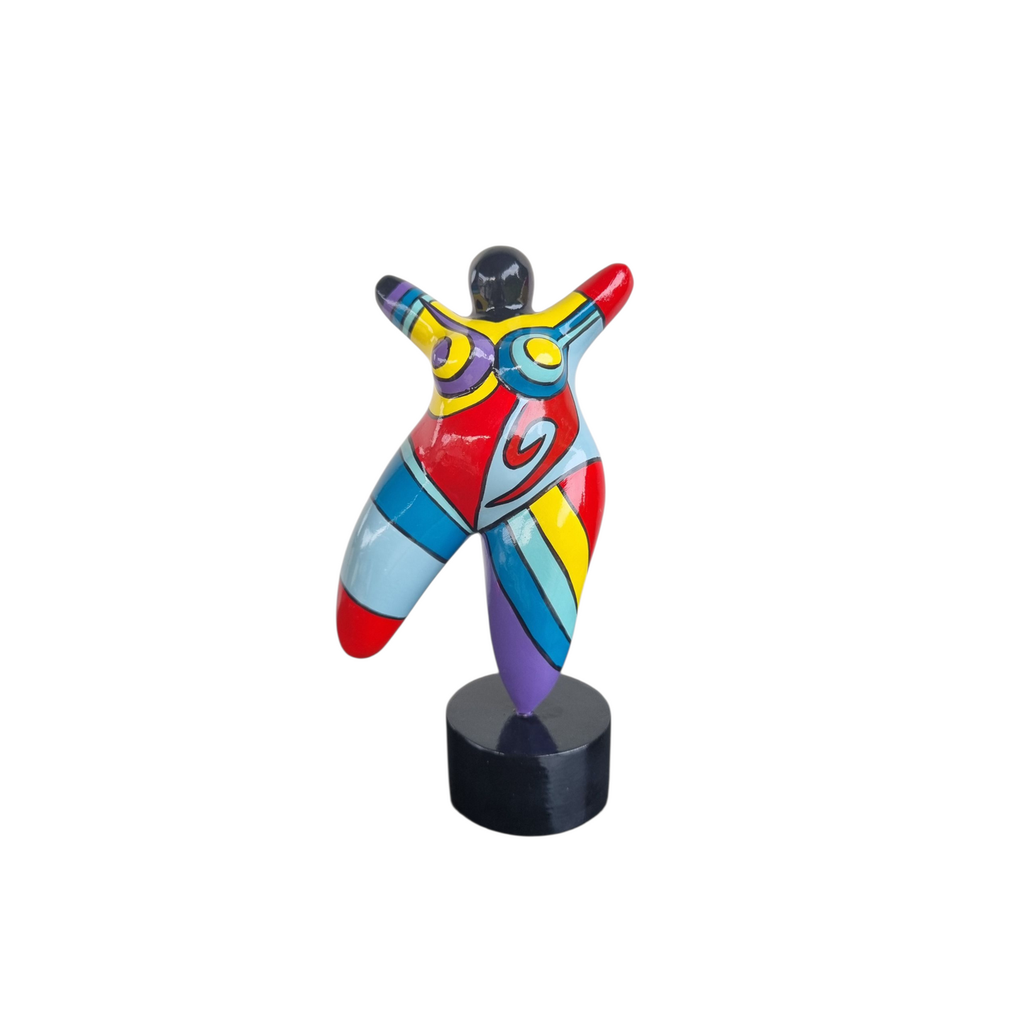 Statue de femme danseuse joyeuse, style contemporain, résine multicolore. Hauteur 17 centimètres