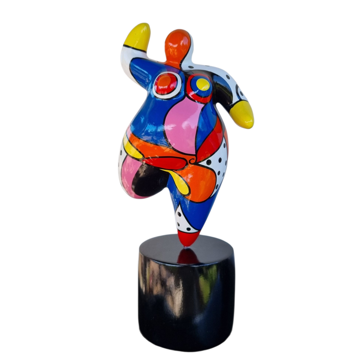 Statue de femme danseuse ronde style Nana, modèle "Dolly" en résine orange et multicolore. Hauteur 25 centimètres