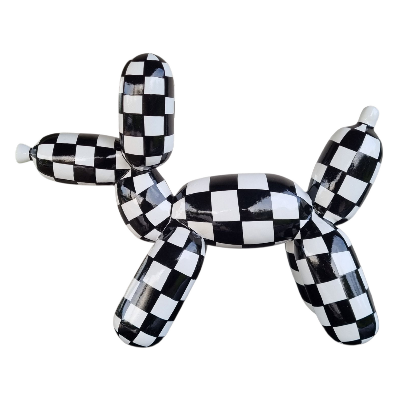Large "Balloon" dog statue in resin, black and white tiles. Length 30 centimeters and height 28 centimeters