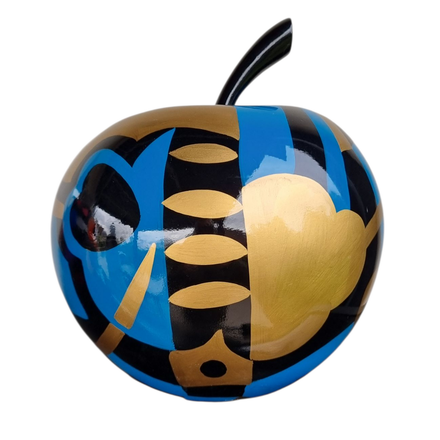 Fruit sculpture. Blue, black and golden apple, multicolored resin. Height 26 centimeters (10,2 inches)